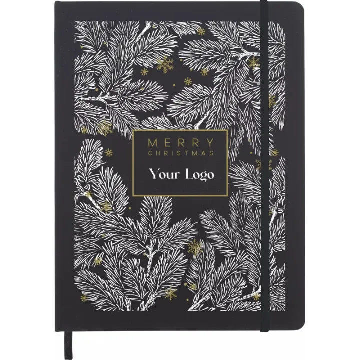 Tasteful B5 notebook with coloured rubber band made of PU eco leather with Christmas print - 18004